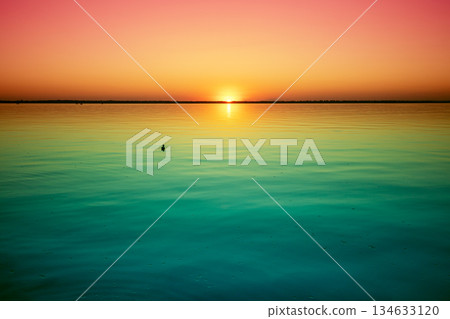Seascape in the early morning. Calm sea at dawn. Natural landscape 134633120