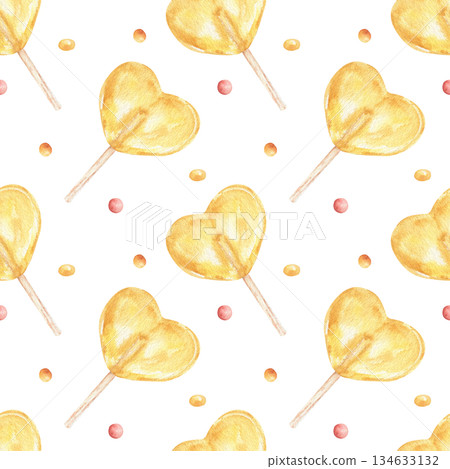 Watercolor seamless pattern with a yellow heart-shaped lollipop and colorful dots. A sweet candy texture for celebrating Valentine's Day, a child's birthday, a party invitation, or textiles. Watercolor seamless pattern with a yellow heart-shaped lollipop and colorful dots. A sweet candy texture for celebrating Valentine's Day, a child's birthday, a party invitation, or textiles. 134633132