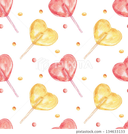 Watercolor seamless pattern with a yellow, red heart-shaped lollipop and colorful dots. A sweet candy texture for celebrating Valentine's Day, a child's birthday, a party invitation, or textiles. Watercolor seamless pattern with a yellow, red heart-shaped lollipop and colorful dots. A sweet candy texture for celebrating Valentine's Day, a child's birthday, a party invitation, or textiles. 134633133