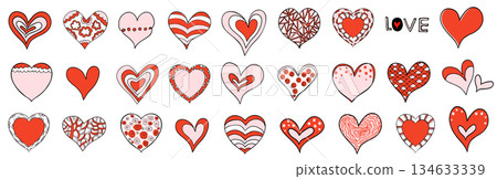 Vector set with hand drawn hearts in pink, red and black colors with various patterns, dots, stripes, wavy lines, floral elements and scales for Valentine's Day and Mother's Day designs Vector set with hand drawn hearts in pink, red and black colors with various patterns, dots, stripes, wavy lines, floral elements and scales for Valentine's Day and Mother's Day designs 134633339