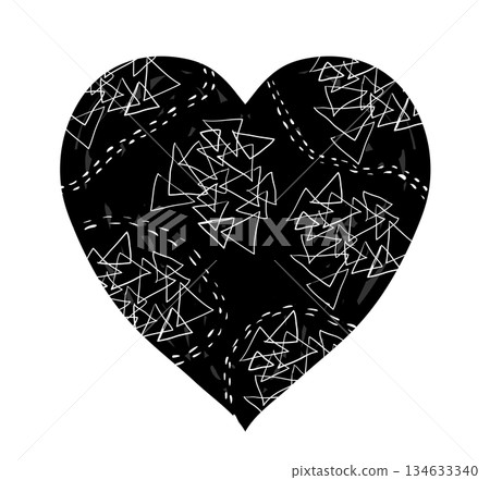 Black heart with white doodle lines with geometric shape for greeting cards, invitations Black heart with white doodle lines with geometric shape for greeting cards, invitations 134633340