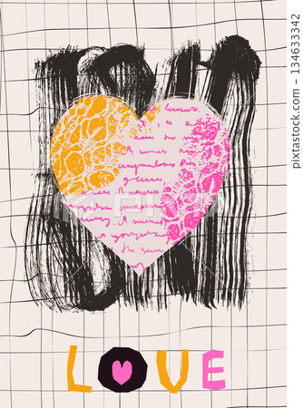Pink vector distressed heart with lace texture and hand written illegible text on dark paint brush stroke and plaid background with text Love Pink vector distressed heart with lace texture and hand written illegible text on dark paint brush stroke and plaid background with text Love 134633342