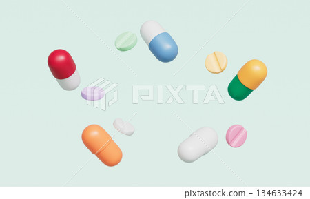 Pharmaceutical Pills Capsule and Tablet. 3D Rendering. Pharmaceutical Pills Capsule and Tablet. 3D Rendering. 134633424