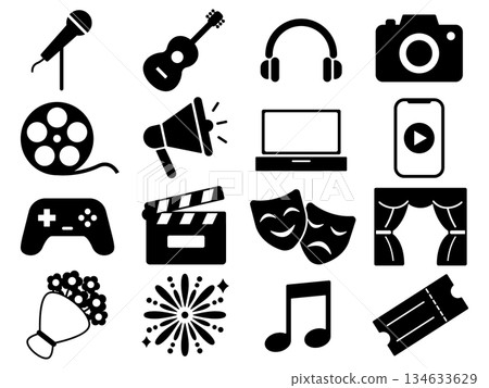 一組包含 16 個單色娛樂圖標 一組包含 16 個單色娛樂圖標 134633629