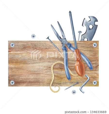 A composition with working iron tools on a wooden board. Watercolor illustration of realistic instruments on an isolated background. Renovation and home improvement. 134633669