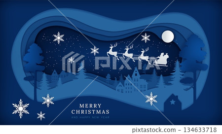 Merry Christmas landscape. Greeting text on card. Paper cut holiday ornament. Origami element 3D. Winter scenery. Celebration snow tree. Santa on reindeer sleigh. Vector Xmas postcard template design Merry Christmas landscape. Greeting text on card. Paper cut holiday ornament. Origami element 3D. Winter scenery. Celebration snow tree. Santa on reindeer sleigh. Vector Xmas postcard template design 134633718