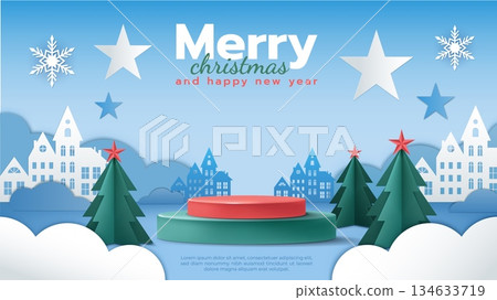 Marry Christmas background. 3D product podium, empty platform. Paper cut element. Holiday tree, snow and snowflake. Winter decoration. Celebration landscape, New Year promotion. Vector greeting card Marry Christmas background. 3D product podium, empty platform. Paper cut element. Holiday tree, snow and snowflake. Winter decoration. Celebration landscape, New Year promotion. Vector greeting card 134633719