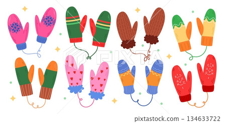 Winter glove. Snow mitten. Cozy design for hands. Child element fashion. Knitted glove, seasonal clothing. Warm pattern. Christmas, New Year apparel. Vector tidy cartoon flat isolated illustration 134633722