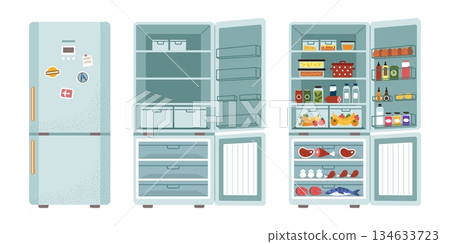 Refrigerator. Fridge closed and open with food. Food storage. Kitchen appliance. Cooling, daily meal intake, frozen preservation. Shelves with fruits. Vector tidy cartoon flat isolated illustration Refrigerator. Fridge closed and open with food. Food storage. Kitchen appliance. Cooling, daily meal intake, frozen preservation. Shelves with fruits. Vector tidy cartoon flat isolated illustration 134633723