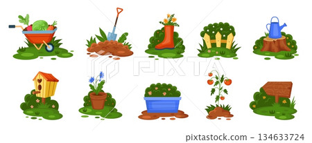 Spring garden. Plant pot design. Cartoon flower nature. Green bush fence. Seedling sticker. Gardening tools. Flowerpot and wheelbarrow. Digging shovel. Vegetable grow. Summer backyard. Vector tidy set Spring garden. Plant pot design. Cartoon flower nature. Green bush fence. Seedling sticker. Gardening tools. Flowerpot and wheelbarrow. Digging shovel. Vegetable grow. Summer backyard. Vector tidy set 134633724