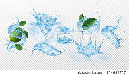 Splash of water. 3D wave. Ice in liquid. Drop lemon in whirlpool, drink aqua. Fluid flow, mint leaves and lime. Realistic spatters. Plop in ripple. Vector exact illustration on transparent background 134633727