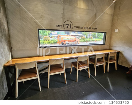 This is a row of desks and table in the cafe 134633760