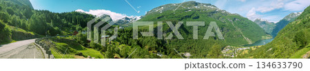 Panoramic mountain view on a sunny day. Beautiful nature of Norway. Horizontal banner 134633790