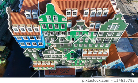 The famous Inntel hotel in the center of historical Zaandam, The Netherlands. Unique house facades. Dutch culture. The famous Inntel hotel in the center of historical Zaandam, The Netherlands. Unique house facades. Dutch culture. 134633792