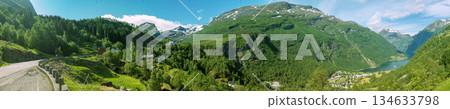 Panoramic mountain view on a sunny day. Beautiful nature of Norway. Horizontal banner 134633798