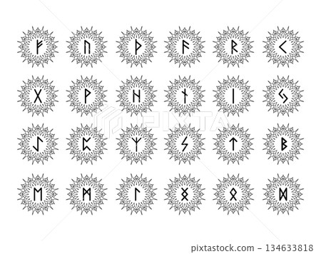 Set of Elder Futhark runes inside mandala star. Set of Elder Futhark runes inside mandala star. 134633818