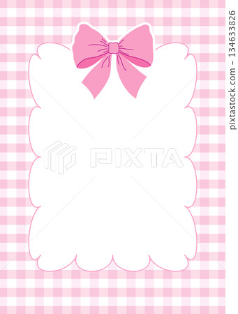 Pink gingham background with a large white scalloped frame topped by pink ribbon bow. Pink gingham background with a large white scalloped frame topped by pink ribbon bow. 134633826