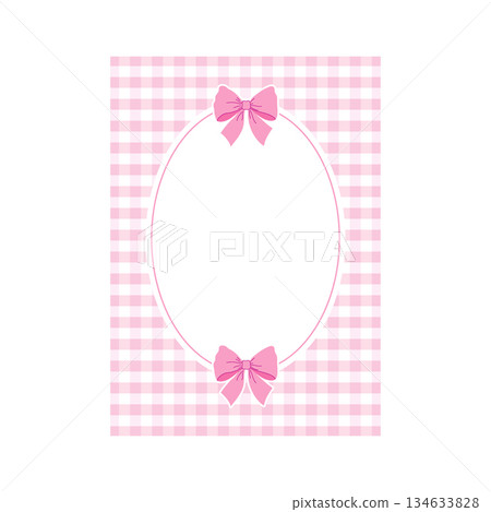 Card template with pink gingham pattern and bows.  134633828