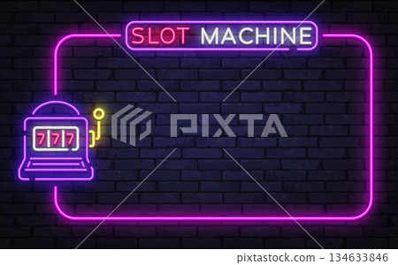 Bright neon vector frame with slot machine icon and glowing jackpot style elements. Ideal for casino banners, gambling ads, and retro nightlife designs. Bright neon vector frame with slot machine icon and glowing jackpot style elements. Ideal for casino banners, gambling ads, and retro nightlife designs. 134633846