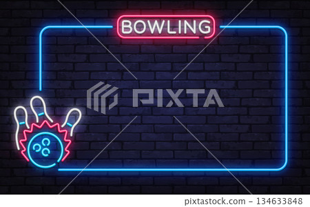 Vibrant neon vector frame with bowling ball and pins icon. Designed for bowling clubs, sport events, and entertainment venue advertising. Vibrant neon vector frame with bowling ball and pins icon. Designed for bowling clubs, sport events, and entertainment venue advertising. 134633848