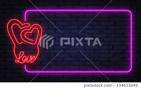 Romantic neon vector frame with glowing hearts and handwritten love text on dark brick wall. Perfect for valentines designs, wedding ads, and romantic banners. 134633849