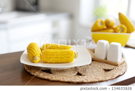 Freshly Boiled Corn Cobs On Plate Freshly Boiled Corn Cobs On Plate 134633926