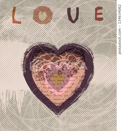 Vector poster with rough brush heart with lace texture and hand written text, halftone paint graffiti background with text love 134634062