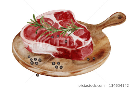 Fresh raw beef steak on a wooden board watercolor illustration. Food clip art. Hand-drawn organic cow meat on a white background. Perfect for cookbook design, restaurant menus, and butcher shop signs. Fresh raw beef steak on a wooden board watercolor illustration. Food clip art. Hand-drawn organic cow meat on a white background. Perfect for cookbook design, restaurant menus, and butcher shop signs. 134634142