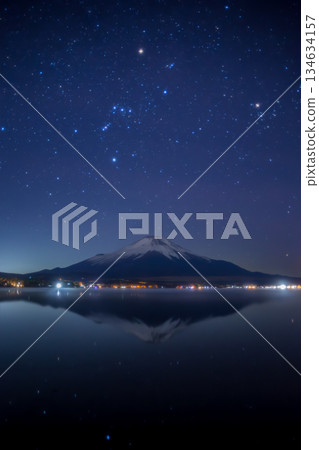 Orion sinking behind Mount Fuji reflected in Lake Yamanaka 134634157