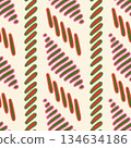 Abstract festive vector seamless pattern. Diagonal hand drawn shapes, strokes and pink outlines on light cream background. Vibrant modern holiday repeat tile for Birthday, Christmas, wrapping, print 134634186
