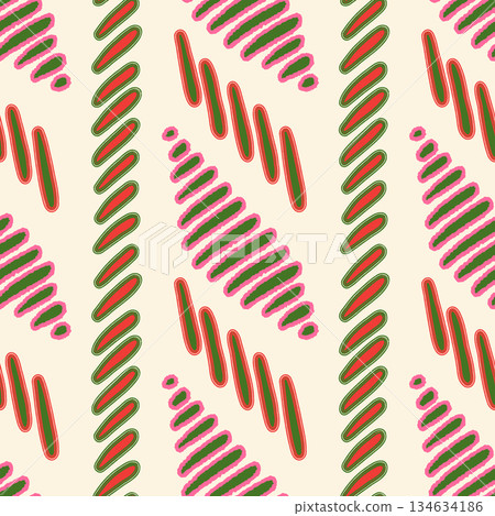 Abstract festive vector seamless pattern. Diagonal hand drawn shapes, strokes and pink outlines on light cream background. Vibrant modern holiday repeat tile for Birthday, Christmas, wrapping, print 134634186