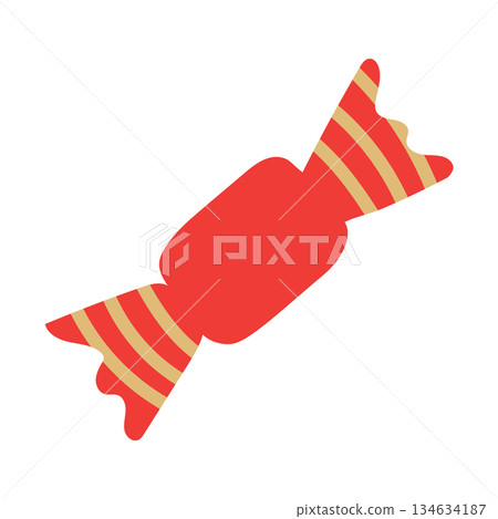 Wrapped candy vector illustration. Cute sweet in festive red wrapper with stripes isolated on white background. Decorative Christmas treat in flat cartoon style, xmas ornament, winter holiday design Wrapped candy vector illustration. Cute sweet in festive red wrapper with stripes isolated on white background. Decorative Christmas treat in flat cartoon style, xmas ornament, winter holiday design 134634187