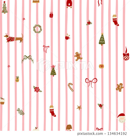 Christmas striped seamless pattern decorated tiny winter holiday elements - Santa, fir tree, pudding, gingerbread, bows. Christmas striped seamless pattern decorated tiny winter holiday elements - Santa, fir tree, pudding, gingerbread, bows. 134634192