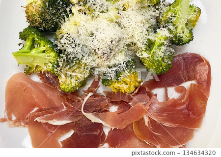 Savory Broccoli Dish with Prosciutto and Parmesan Cheese 134634320