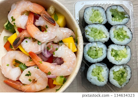 Fresh Shrimp Ceviche and Cucumber Sushi Rolls Meal Fresh Shrimp Ceviche and Cucumber Sushi Rolls Meal 134634323