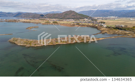 Lake Biwa: Aerial view of the inner island that became connected to the mainland due to the drop in water level Lake Biwa: Aerial view of the inner island that became connected to the mainland due to the drop in water level 134634365