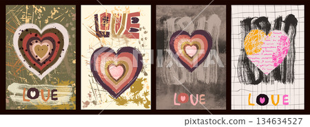 Vector greeting cards set with abstract hand painted boho hearts with half tone texture, text love and brush paint elements Vector greeting cards set with abstract hand painted boho hearts with half tone texture, text love and brush paint elements 134634527