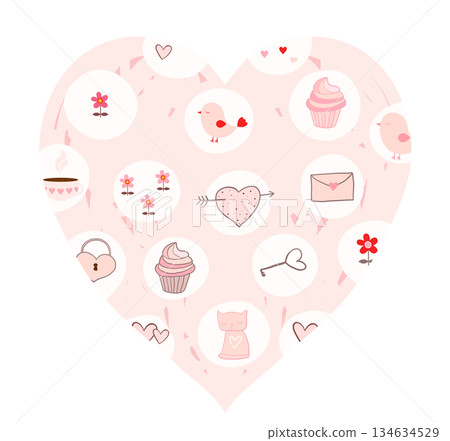 A big pink vector heart card with drawings for Valentine's day 134634529
