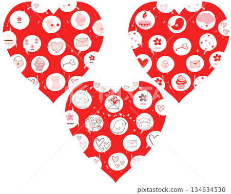 Red hearts with drawings of cute love themed design elements for greeting cards, invitations 134634530