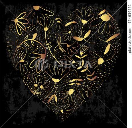Gold decorative heart design with flowers on a grungy black background 134634531