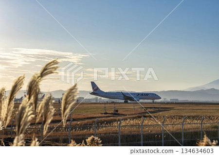 Sendai Airport at dusk, plane taxiing, Natori City, Miyagi Prefecture 134634603