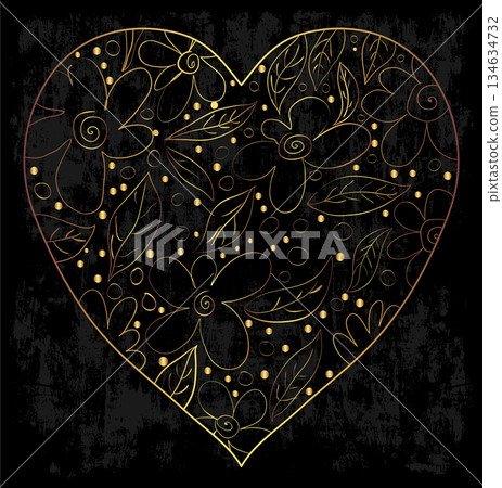 Golden heart with flowers and leaves on black grunge background for greeting cards and invitations Golden heart with flowers and leaves on black grunge background for greeting cards and invitations 134634732