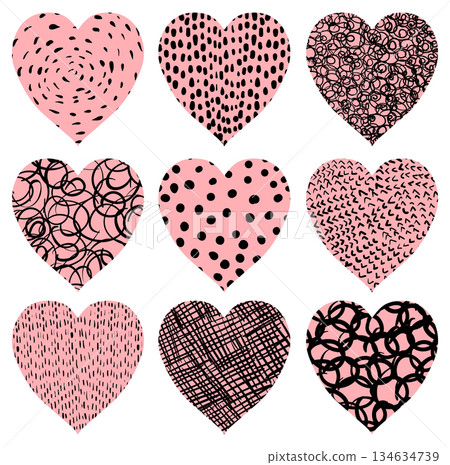 Cute pink vector hearts with texture for Valentine's day for greeting cards and invitations 134634739