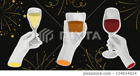 Modern halftone collage of celebration with raised glasses Modern halftone collage of celebration with raised glasses 134634824