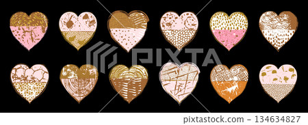 Grunge texture vector hearts in brown, pink and gold colors, Boho geometric heart shapes with rough jagged edges for Valentine's Day and wedding designs Grunge texture vector hearts in brown, pink and gold colors, Boho geometric heart shapes with rough jagged edges for Valentine's Day and wedding designs 134634827