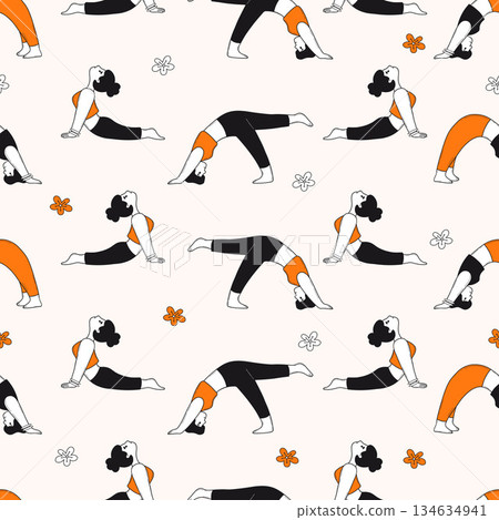 Seamless Yoga Fitness Doodle Pattern. Girl Sportswoman Doing Stretching, Pilates Poses on light Background with Flowers. Hand-Drawn With Orange Color Accent. Vector Illustration. Not AI Seamless Yoga Fitness Doodle Pattern. Girl Sportswoman Doing Stretching, Pilates Poses on light Background with Flowers. Hand-Drawn With Orange Color Accent. Vector Illustration. Not AI 134634941