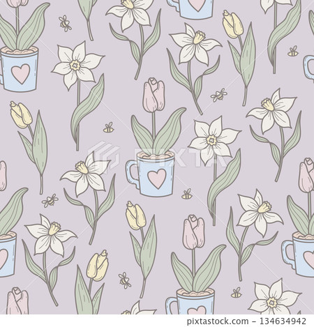 Spring Flowers Seamless Pattern. Repeating Pastel Tulip in Cup And Daffodils with Bees on Gently Violet Background. Botanical Square Template Doodle. Vector illustration. Not AI Spring Flowers Seamless Pattern. Repeating Pastel Tulip in Cup And Daffodils with Bees on Gently Violet Background. Botanical Square Template Doodle. Vector illustration. Not AI 134634942