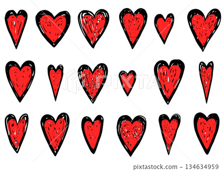 Vector set of hand drawn doodle hearts, red and black textured heart shapes for Valentine's Day and Mother's Day graphic, packaging and product design Vector set of hand drawn doodle hearts, red and black textured heart shapes for Valentine's Day and Mother's Day graphic, packaging and product design 134634959