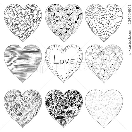 Hand drawn doodle vector hearts in black with strokes, lines and floral elements Hand drawn doodle vector hearts in black with strokes, lines and floral elements 134634961
