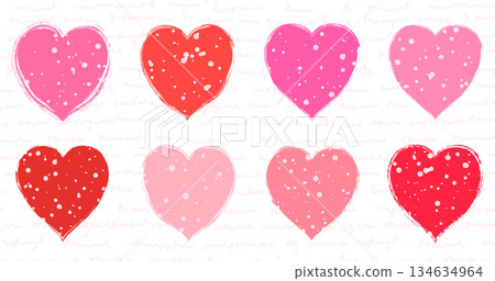 Red and pink textured vector hearts set with irregular rough shapes, speckled with dots in various sizes on background with light handwritten illegible text Red and pink textured vector hearts set with irregular rough shapes, speckled with dots in various sizes on background with light handwritten illegible text 134634964